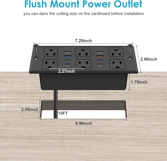 Recessed Power Strip, 30W PD USB-C & USB-A Fast Charging, Drawer Outlet Plug in 6 Outlets & 8 USB Ports, Furniture Flush Mount Desk Outlets for Conference Table, 10FT Cord Black