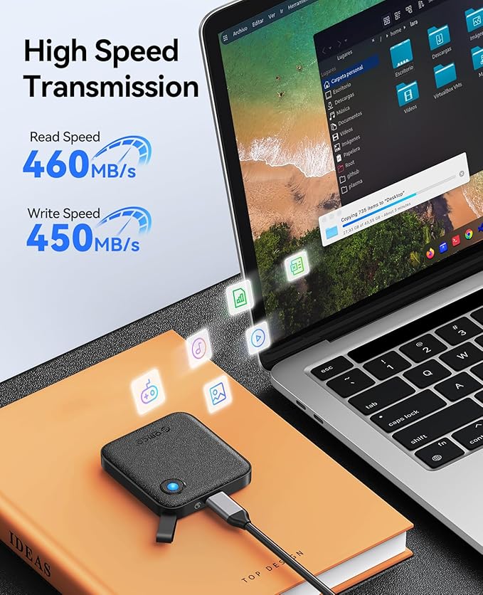 ORICO Portable SSD 4 TB with 2 in 1 USB C Cable, External Solid State Drives, Up to 460MB/s, Status Indicator, Reliable Storage for USB-C Smartphone, Tablet, PC - B5PLUS