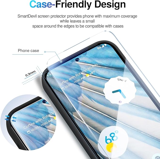 SMARTDEVIL [3+3 Pack for Google Pixel 7A Screen Protector with Camera Lens Protector, Finger Print Reader Compatible, Fast & Easy Installation, Clear 9H Tempered Glass Film, Alignment Frame
