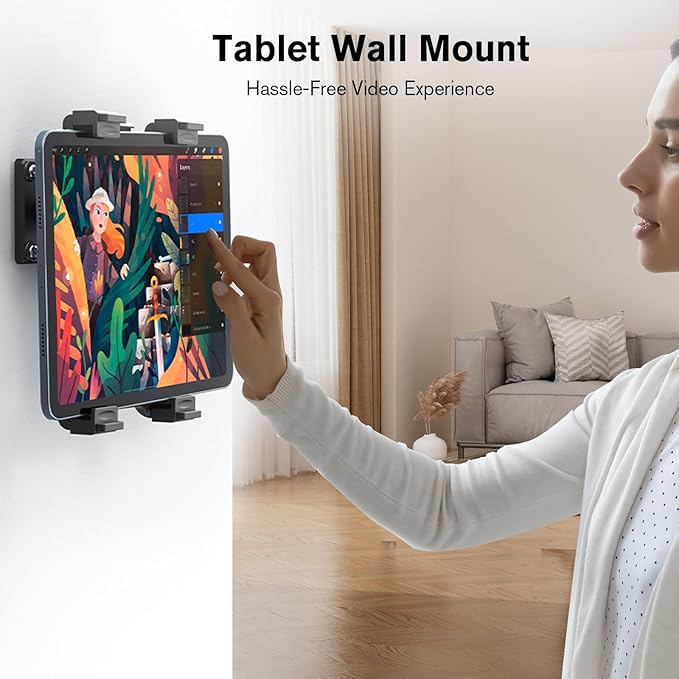 PLDHPRO Tablet Wall Mount, 360° Rotation Universal iPad Holder Stand Compatible with Galaxy Tab, Surface, Fire HD, e-Readers, 7-12.9'' Tablets for Kitchen, Bathroom, Warehouse, Drilled Screw Mounted