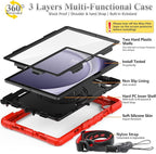 SEYMAC stock Case for Samsung Galaxy Tab A9+ Plus 11'', Full-Body Drop Protection Case with Screen Protector Pencil Holder [360° Rotating Hand Strap] &Stand, Red+Black