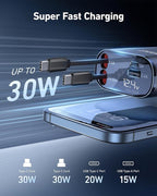 Retractable 4 in 1 Fast Car Charger - 30W Dual USB Type C, 31.5 Inch Cables - Compatible with iPhone 16/15/14/13/12, Samsung, Pixel, iPad