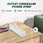Saker Outlet Concealer Power Strip | 5ft Flat Plug Extension Cord with 3 Outlets,1625W | Universal Size Baby Proof Outlet Cover Extension Cord for Kitchen, Home and Office