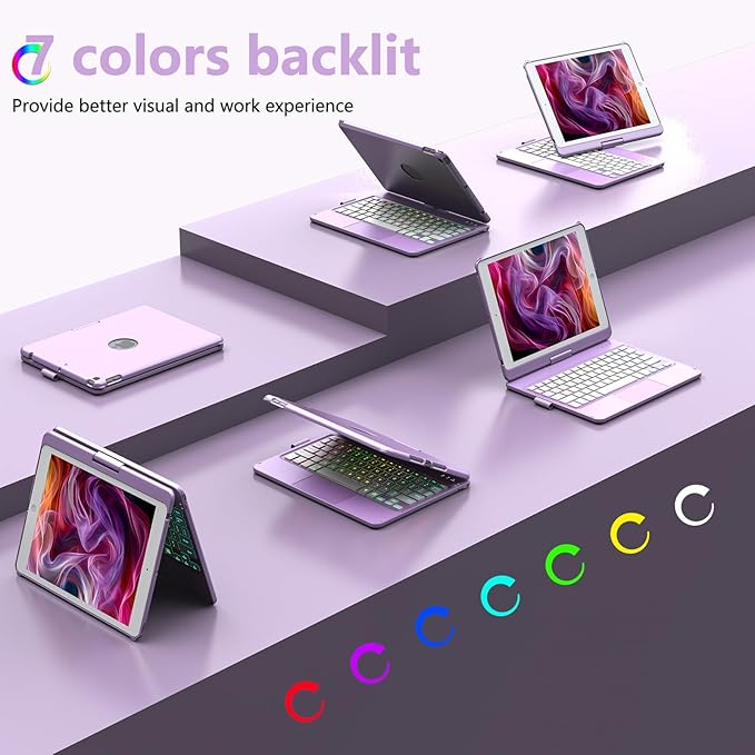 HOTLIFE Case with Keyboard for iPad 10.2,Touch Trackpad Keyboard Case for iPad 9th Generation/8th/7th Gen, 10 Corlor Backlit - 360° Rotatable Protective Cover with Pencil Holder
