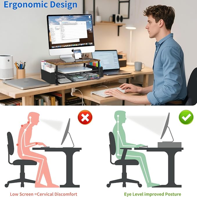 Wood Desk Organizers and Accessories, 2-Tier Computer Monitor Stand Riser with Drawer, Pen Storage & Phone Holder, Office Desk Accessories, Workspace Desktop Organization for Office Supplies（Brown）