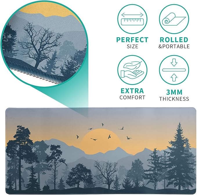 Mountain Gaming Mouse Pad 31.5x11.8 Inch Forest Large Mousepad Extended Grey Mousepad Gaming Non-Slip Rubber Base Stitched Edges Keyboard Mouse Mat Desk Pad for Office Home and Game