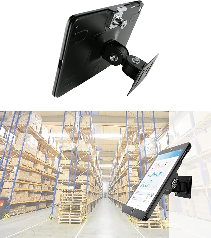 On Wall Mount Bracket for iPad 9.7" (6th, 5th Gen, Air 1 & 2, Pro), Anti-Theft Lock, Rotate Design, Multi-Angle, Metal (Black)