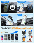 HTU Upgraded Strongest Suction Car Phone Holder Bendable Arm, Never Block View Rotatable Cellphone Mount for Dashboard Windshield Vent, Cradle Stand for iPhone 16 15 14 13 12 Pro Max (Dark Pink)
