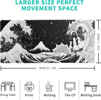 Black and White Japanese Wave Dragon Gaming Mouse Pad - Abstract Mat with Non-Slip Rubber Base, 31.5x11.8 Inch, Stitched Edges - Desk Pad for Office and Home