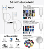 Temdan for Travel Vacation Essentials,3 in 2 USB C Cable for Apple Watch Charger/iPhone 16 Charger/Lightning,Multi Charging Cable Cord,Camping Essentials,Designed for iWatch &iPhone 16-12-5FT White
