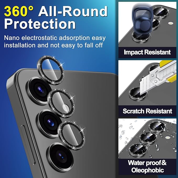 for Samsung Galaxy S25 Plus Camera Lens Protector, Individual Metal Ring Tempered Glass Lens Cover, [Strong Adsorption] Scratch Resistant Ultra-Thin HD Clear Lens Cover, 1 Set-Black Sparkly