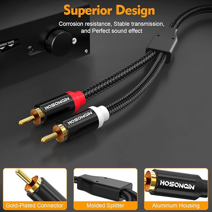 HOSONGIN RCA Cables 3.3ft 2 Pack[Hi-Fi Sound, Nylon Braided, Shielded], 2-Male to 2-Male RCA Audio Stereo Subwoofer Cable Auxiliary Cord for Home Theater, HDTV, Amplifiers, Hi-Fi Systems, Speakers