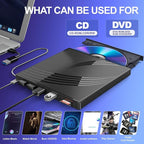 External CD/DVD Drive for Laptop, Ultra Slim CD Burner USB 3.0 Hub with 4 USB Ports, 2 TF/SD Card Slots,1 Type-C Port,DVD Player for Laptop Compatible with mac OS/Windows/Linux (Black)