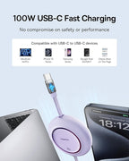 Baseus USB C to USB C Cable, 100W 6.6ft Retractable USB C Fast Charging Cable, 7-Stage Length Preset Retractable Charger Cord for iPhone 16 15 Pro Plus Pro Max, MacBook, iPad Pro, Samsung S24/S23+