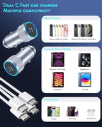 iPhone 16 Car Charger,2Pack Dual Port USB C Fast Car Charger Type C Rapid Charging Adapter with 2Pack USB C to C Nylon Braid Cable Woven Cord Fast Charging for iPhone 16/16 Pro/15/15 Pro Max/iPad