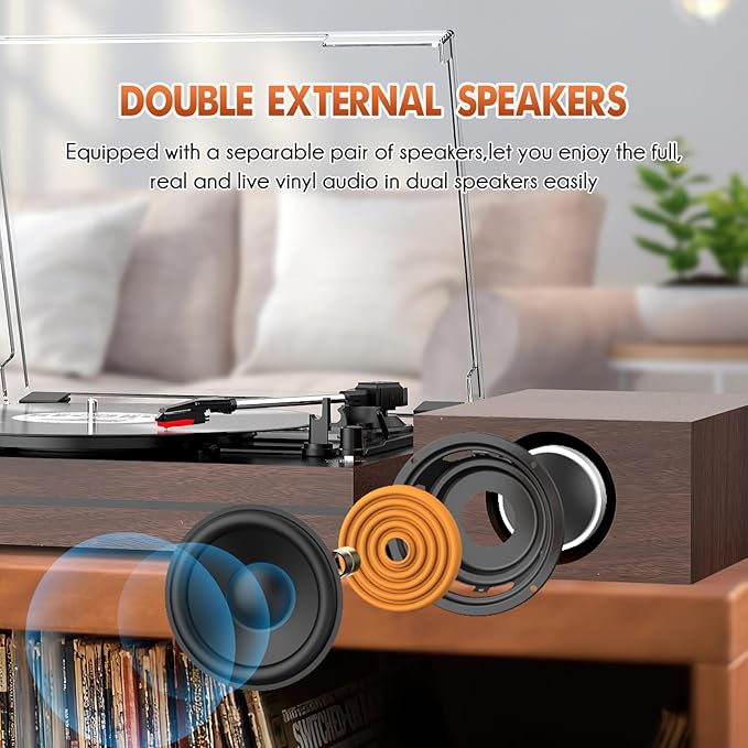 Vintage Record Player for Vinyl with Dual Separate Stereo Speakers Turntable BT Wireless Input Playback Belt Drive 3 Speed 3 Size Playback Record Player Support AUX Headphone Input RCA Out Auto Stop