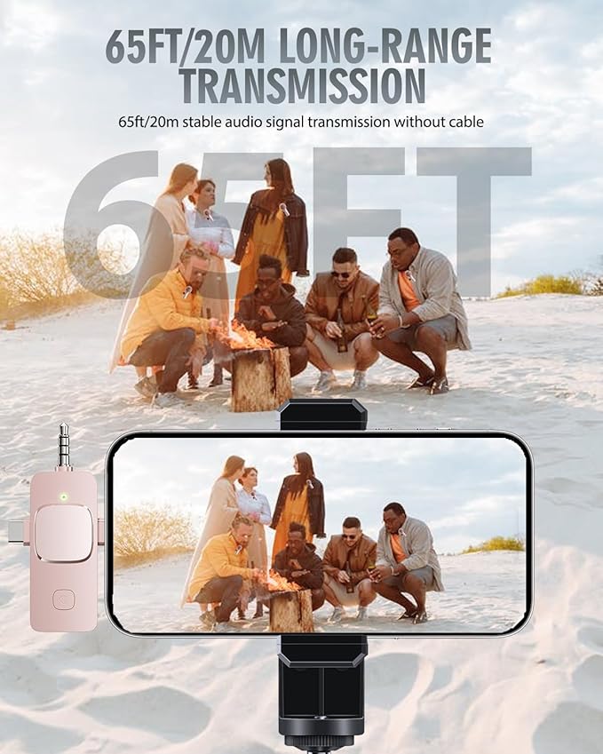PQRQP 3 in 1 Wireless Lavalier Microphone for iPhone, iPad, Android, Camera, Mini Microphone, 7-Hour Battery, High Definition Sound Quality for Interview, Video Podcast, Vlog (Pink)