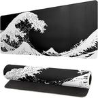 Japanese Sea Wave Large Mouse Pad, Abstract Black Gaming Mousepad, Extended Kanagawa Mat Desk Pad, 3mm Thick Long Non-Slip Rubber Base Mice Pad for Office and Home, 31.5x11.8 Inch
