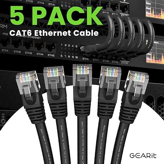GEARit Cat 6 Ethernet Cable Pack - 5-Pack 30 ft Cat6 Ethernet Patch Cables | RJ45 Network Patch Cable, 10 Gbps Snagless Gold-Plated Connectors - Ethernet Cable Cat 6 for PC, TV, Router - Black