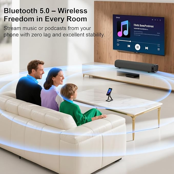 Sound Bar for Smart TV , Surround Sound System for TV – 50W Bluetooth Soundbar with Bluetooth, ARC, Optical, and AUX Connectivity, Remote Control, Wall-Mountable, Compatible with TV, PC, and Phone