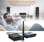 1Mii 2.4Ghz Wireless Audio Transmitter Receiver for TV, 320ft Long Range 20ms Low Delay HiFi Audio, Wireless Adapter Kit for Subwoofer/Powered Speaker/Stereo/Soundbar, RCA(3.5mm AUX) Out/Input