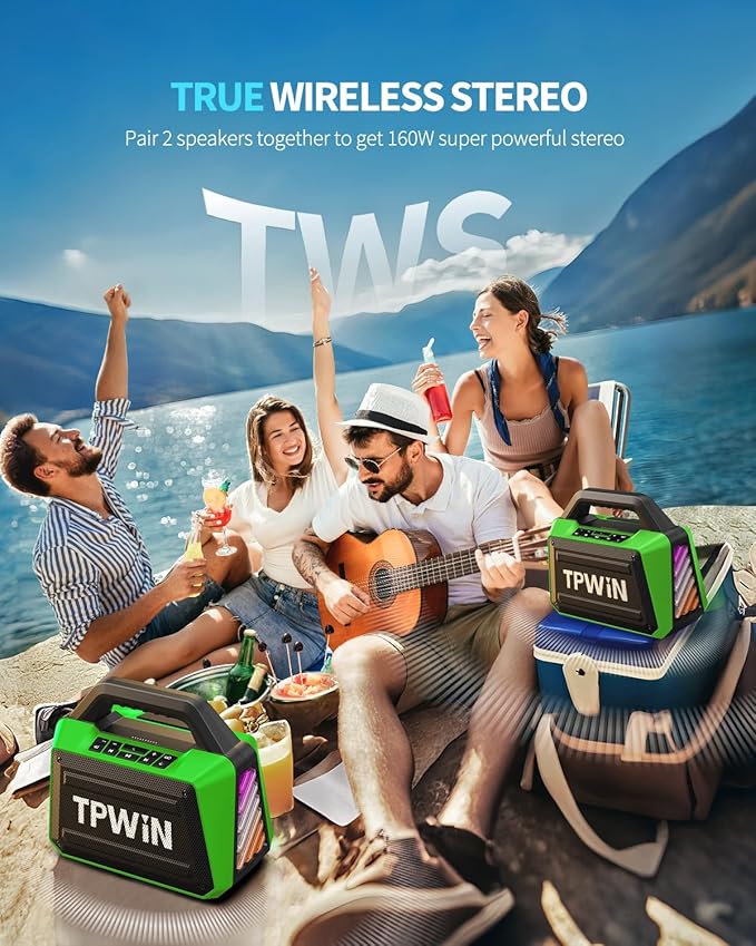 Portable Bluetooth Speaker Wireless - Loud Speakers 80W Peak, 20H Playtime, Light Show, TWS, Deep Bass, BT 5.3, IPX6 Waterproof for Outdoor Travel Camping Beach Pool - Green