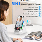 Wireless Induction Speaker 5-in-1 Bluetooth Speaker with Phone Stand,Stereo Sound, 3500mAh Rechargeable, 8 RGB Ambient Light, 360° Adjustable Holder for iPhone/Android/iPad,Gifts for Men Women (White)