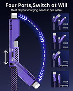 SHEZI [Upgraded 2.0] 4-in-1 Long USB C Cable 60W 10FT Fast Charging [480Mbps Data Sync] Flat Nylon Braided Charger Cord Combo, USB A/C to C/L Multi Charge Cable for iPhone/iPad & Most Devices, Purple