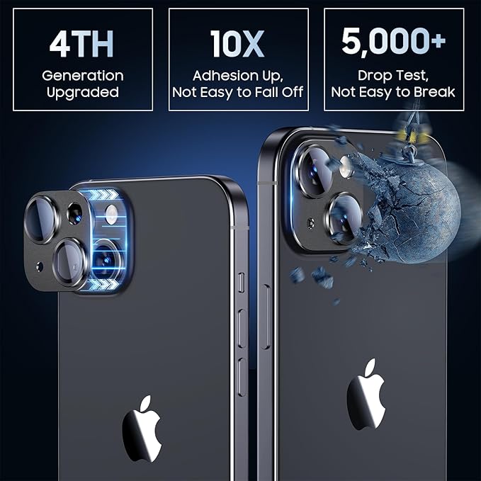 Uyiton for iPhone 15/iPhone 15 Plus Camera Lens Protector, [Not Easy to Break][Strong Adsorption][Case-Friendly] Metal Tempered Glass Rear Camera Screen Cover - Black