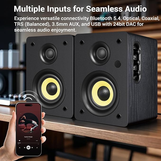 SW206 4” HiFi Bookshelf Speakers with Studio Mode, 80W Active, Bluetooth 5.4/Optical/Coaxial/TRS/Aux/24bit DAC USB, for Turntable TV PC Desktop, MDF Cabinet, Remote Control, Black