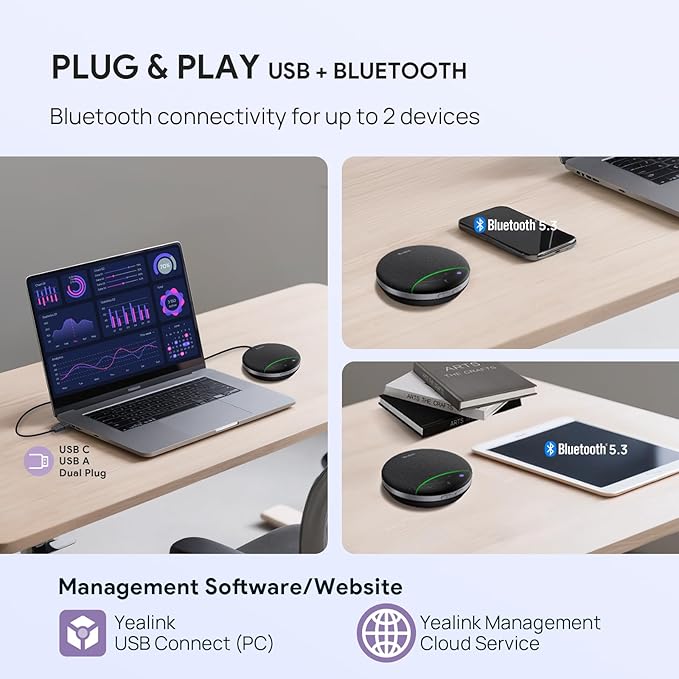 Yealink SP92 Bluetooth Speakerphone USB Conference Speakers and Microphone Teams Certified Full-Duplex Noise Reduction 360° Audio Pickup for Small Meeting Room