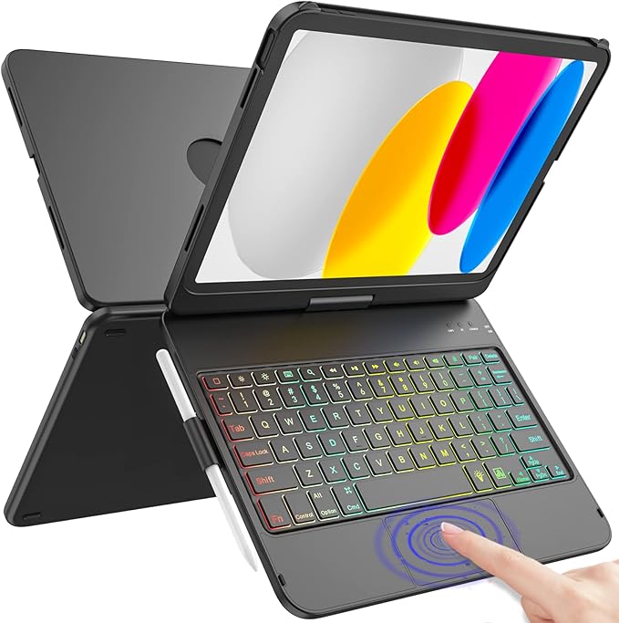 HOTLIFE for iPad A16 11th Generation/10th Generation Case with Keyboard,Touch Keyboard for iPad 11" /10th Gen 10.9 inch 2022-10 Color Backlight, 360° Rotatable Protective Cover (Black)
