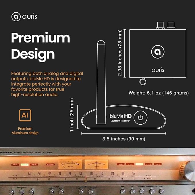 Auris Blume HD Long Range Bluetooth 5.3 Music Receiver Hi-Fi Audio Adapter with Audiophile DAC, LDAC & AptX HD for Home Stereo, AV Receiver or Amplifier