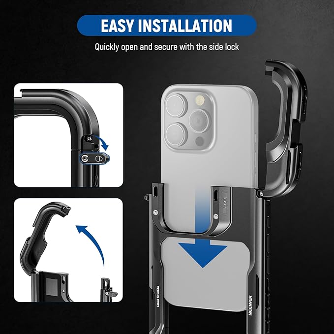 NEEWER 16 Pro Cage, Quick Release Video Rig Phone Stabilizer Compatible with iPhone 16 Pro with Adapters of 67mm Filter, 17mm Lens & T Mount Lens, Full Camera Control Access, PA073