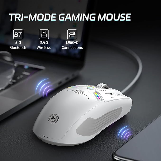 TENMOS M530 Wireless Gaming Mouse, 2.4G/Bluetooth/USB C Wired Rechargeable Mouse, 12000 DPI, RGB, 6 Programmable Buttons, Honeycomb Magnetic Cover, with Receiver Extender for Laptop/PC/Mac, White