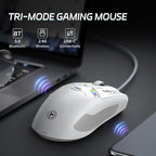 TENMOS M530 Wireless Gaming Mouse, 2.4G/Bluetooth/USB C Wired Rechargeable Mouse, 12000 DPI, RGB, 6 Programmable Buttons, Honeycomb Magnetic Cover, with Receiver Extender for Laptop/PC/Mac, White