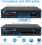 4 Port Gigabit PoE Switch with 2 Gigabit Uplink, 1000Mbps, 802.3af/at, 65W Built-in Power, Vlan, Unmanaged Metal Plug and Play, Ideal for NVR and Power Over Ethernet Security Cameras