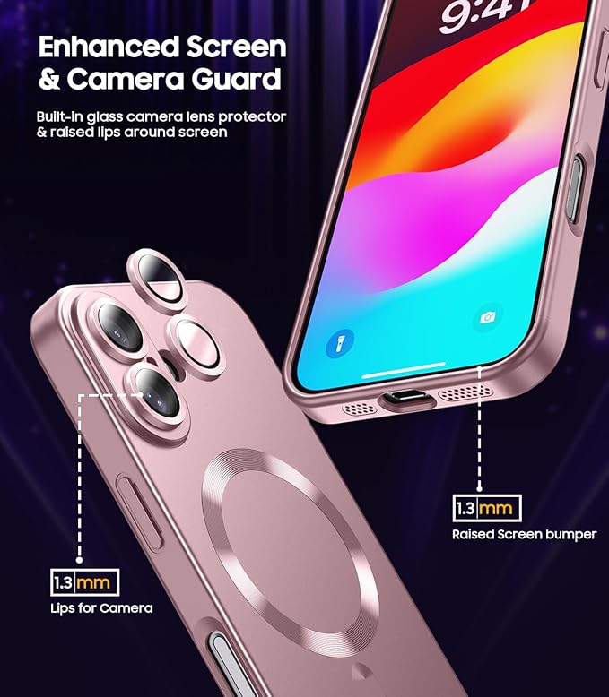 Magnetic for iPhone 16 Plus Case [Compatible with MagSafe][Built-in Camera Lens Protector] Slim Soft Silicone Bumper Shockproof Metallic Luster Phone Case (Rose Gold)