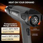 ROMECH 1500W Heavy Duty Heat Gun, Variable Temperature Control Hot Air Gun Kit with 2 Air Flow 120°F~1200°F and 4 Nozzles for Crafts Shrink Wrap (Gray)