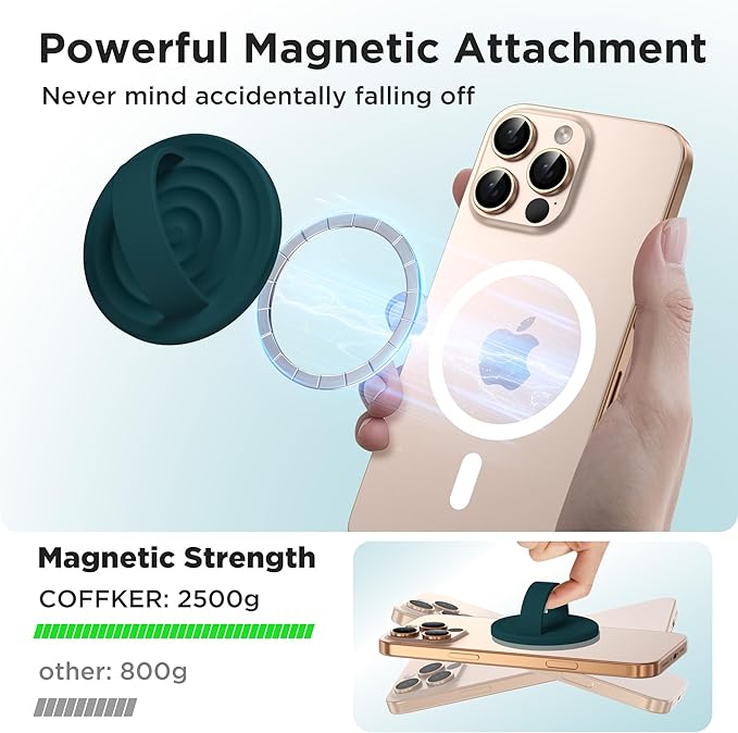 Magnetic Phone Ring Grip Holder, Silicone Finger Loop Grip, Compatible with MasSafe, Back of Phone for iPhone Pro Max/Plus/16/15/15/14/13/12 Series, Dark Green