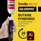 IRODA SolderPro 110 Cordless Butane Soldering Iron Kit, 115 MIns Run Time, Rapid Heat Up, Professional Set With Tips & Sturdy Tool Case (No Butane Included)