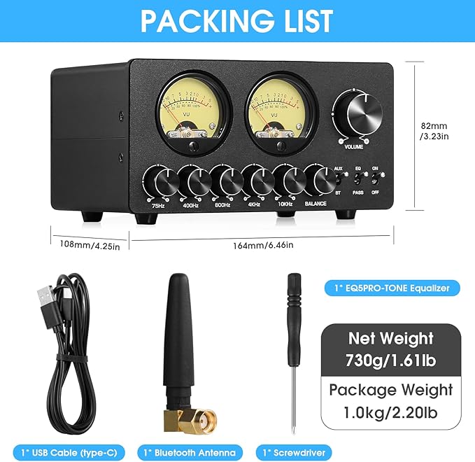 Douk Audio 5 Band Equalizer Bluetooth EQ Preamp for Home Stereo/Computer Speaker/Amplifier with VU Meter (EQ5 Tone Upgraded Version)