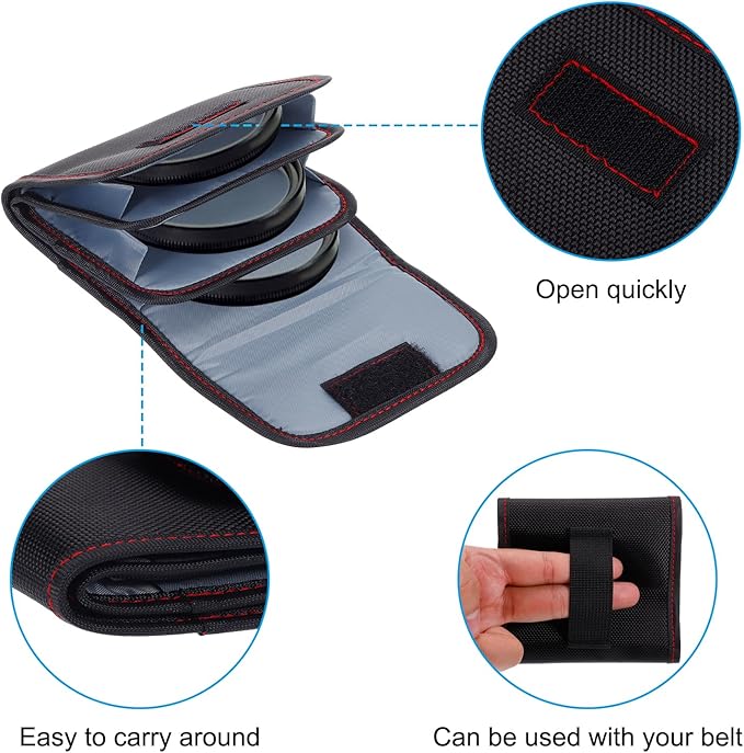 PATIKIL Lens Filter Case, 3-Pocket Camera Filter Case Portable Lens Filter Pouch Photography with Belt Loop Fit Camera Bag Strap Pocket Drone for 25mm-82mm, Black Red