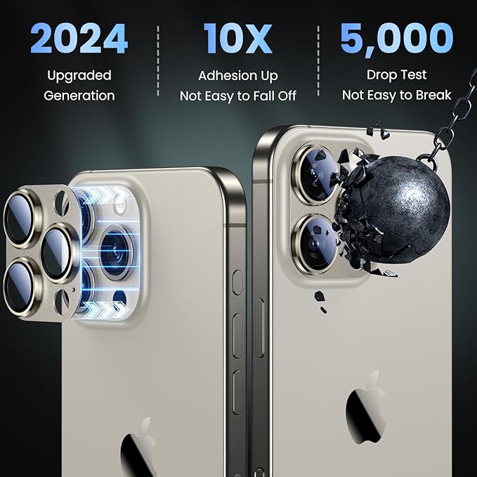 Uyiton Compatible with iPhone 16 Pro/iPhone 16 Pro Max Camera Lens Protector - [Not Easy to Break][Strong Adsorption][Case-Friendly] Metal Tempered Glass Rear Camera Screen Cover - Natural Titanium