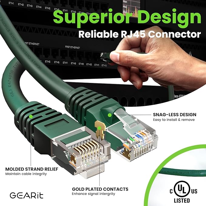 GearIT Cat 6 Ethernet Cable (10-Pack 15 Feet) Cat6 Network Patch, 10Gbps, RJ45, Snagless Cord, Gold-Plated Connectors, Internet for PC, TV, Tablet, Router, Printer, Servers, IT Data Center - Green