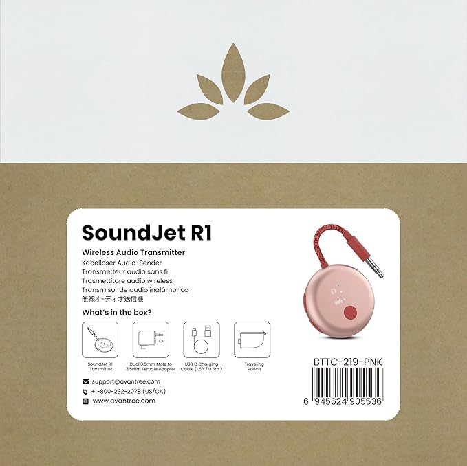Avantree SoundJet R1 – Airplane Bluetooth Adapter for Headphones & AirPods, aptX Adaptive, Qualcomm Chipset, 20H Battery, Wireless Audio Transmitter for in-Flight Travel Essentials - Pink