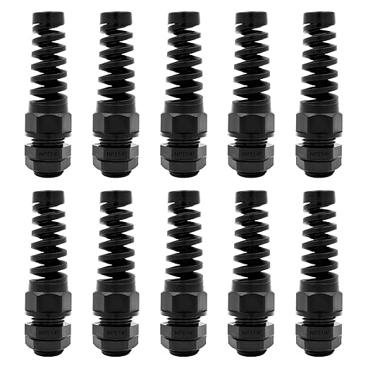 Strain Relief Cord Connector,LISTENJIALE 10Pcs NPT 1/4" Waterproof Cable Gland Flex Spiral Strain Relief Adjustable 4-8mm Cable Connector Nylon Joint with Gaskets(Black)