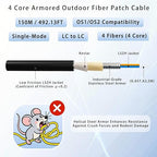 150M/492FT Outdoor Armored LC to LC Fiber Optic Cable, 4 Core OS2 Single Mode 9/125μm, Industrial TPU Jacket, OD 5mm, 4 Strands, SMF, Direct Burial, Heavy-Duty LC-LC Patch Cord for Harsh Environments