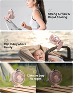 Koonie Portable Clip On Fan, Small USB Battery Operated, 3 Speed Rechargeable Mini Pink With LED Display, 360° Rotate Personal Cooling for Desk Stroller Travel Camping Golf Gym