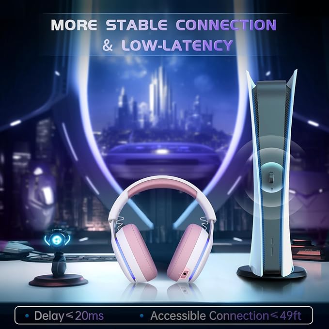 2.4GHz Wireless Gaming Headset for PS5, PS4 Fortnite & FPS Gamers, PC, Nintendo Switch, Bluetooth 5.3 Gaming Headphones with Noise Canceling Mic, Stereo Sound, 40+Hr Battery (Pink)